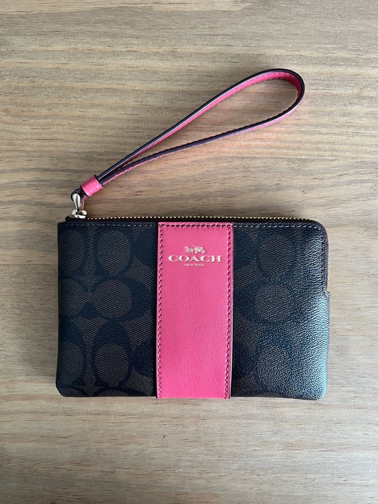 Coach Handbags - NWT COACH Corner Zip Wristlet F58035 Signature Canvas Leather Stripe Brown Pink